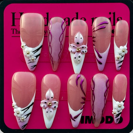 Chic French-Inspired Press-On Nails with Sculpted 3D Flower Art Light Pink Pastel Shade