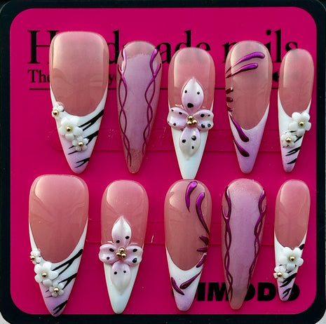 Chic French-Inspired Press-On Nails with Sculpted 3D Flower Art Light Pink Pastel Shade