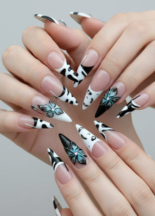 Stylish French-Inspired Press-On Nails with 3D Floral Sculptures