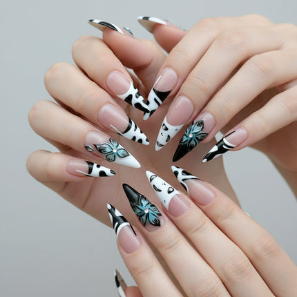 Stylish French-Inspired Press-On Nails with 3D Floral Sculptures – Sleek Black & White Almond Tips, Reusable for Everyday Elegance and Special Occasions