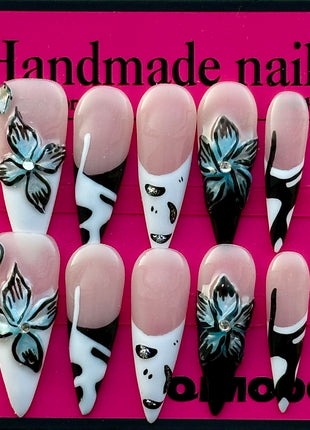 Stylish French-Inspired Press-On Nails with 3D Floral Sculptures