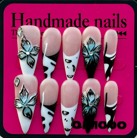 Stylish French-Inspired Press-On Nails with 3D Floral Sculptures
