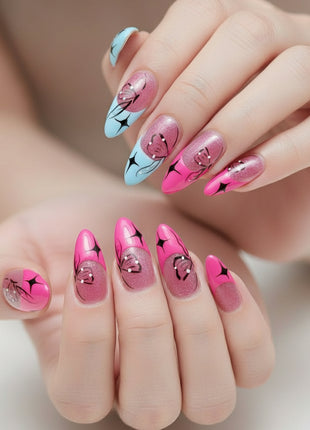 Adorable Sparkle Pink-Blue Press - On Nails - Handcrafted Almond Tips