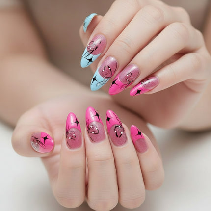 Adorable Sparkle Pink-Blue Press-On Nails – Handcrafted Almond Tips, Reusable & Stylish. Perfect for Everyday or Special Occasions