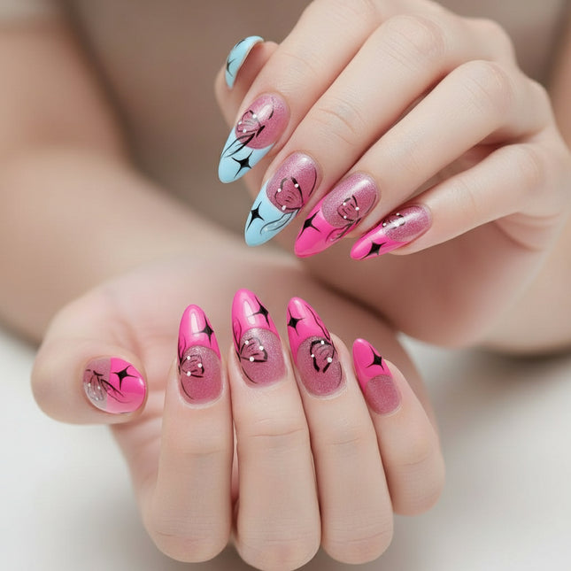 Adorable Sparkle Pink-Blue Press-On Nails – Handcrafted Almond Tips, Reusable & Stylish. Perfect for Everyday or Special Occasions