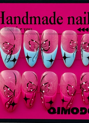 Adorable Sparkle Pink-Blue Press - On Nails - Handcrafted Almond Tips
