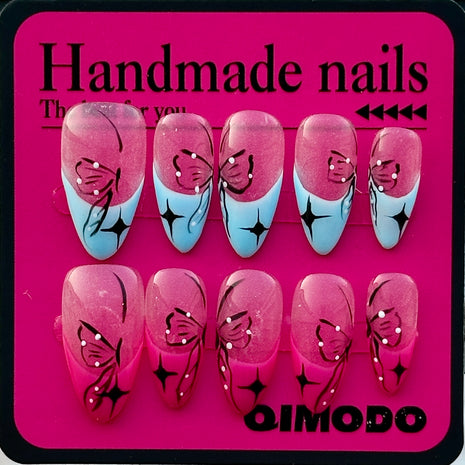 Adorable Sparkle Pink-Blue Press - On Nails - Handcrafted Almond Tips