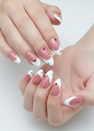 French Press on Nails Medium Length - Acrylic White Tip Stick on Nails with Reino Stone
