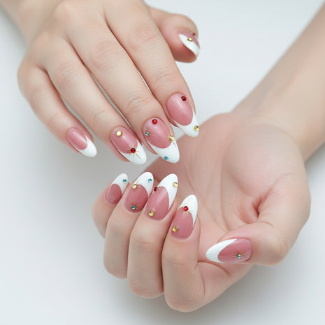 French Press on Nails Medium Length - Acrylic White Tip Stick on Nails with Reino Stone