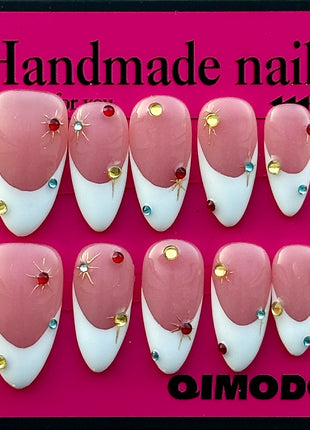 French Press on Nails Medium Length - Acrylic White Tip Stick on Nails with Reino Stone