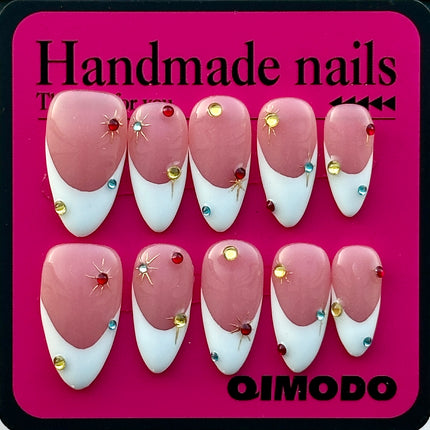 French Press on Nails Medium Length, Acrylic White Tip Stick on Nails with  Reino Stone