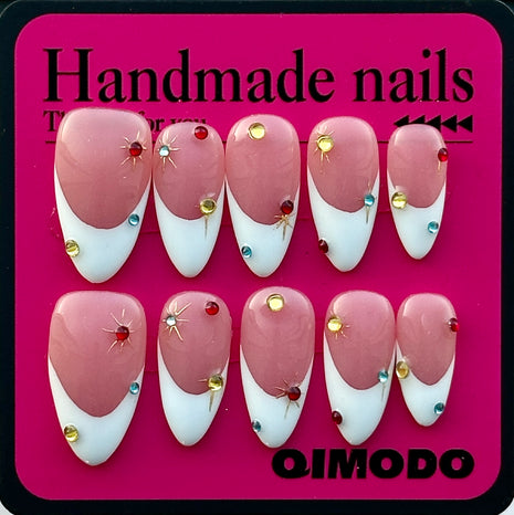 French Press on Nails Medium Length - Acrylic White Tip Stick on Nails with Reino Stone