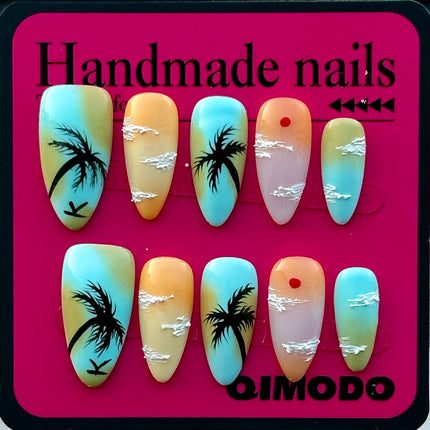 Handmade Press-On Nails with Stunning Beach Vibes Design