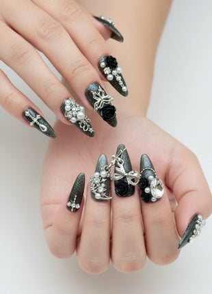 Glam 3D Gothic Nails in Sleek Almond Shape Press - On Nails