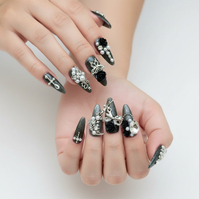 Glam 3D Gothic Nails in Sleek Almond Shape Press-On Nails