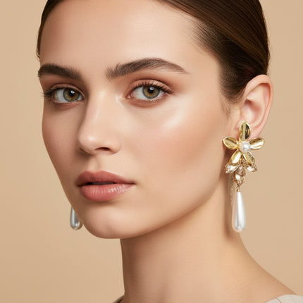 Woman wearing gold floral earrings with a beige background