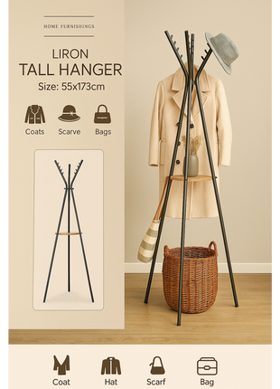 Liron tall hanger with coat, scarf, and bag icons on a beige background
