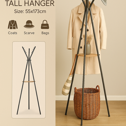 Liron tall hanger with coat, scarf, and bag icons on a beige background
