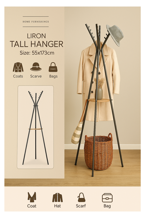 Liron tall hanger with coat, scarf, and bag icons on a beige background