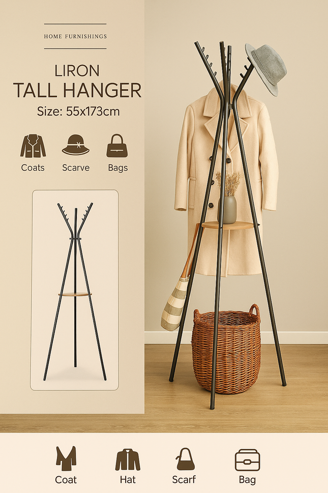 Liron tall hanger with coat, scarf, and bag icons on a beige background