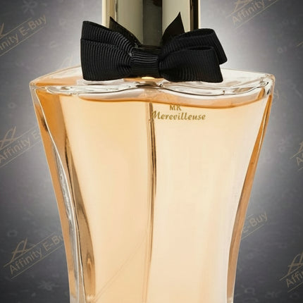 Perfume bottle with a black bow on a white background