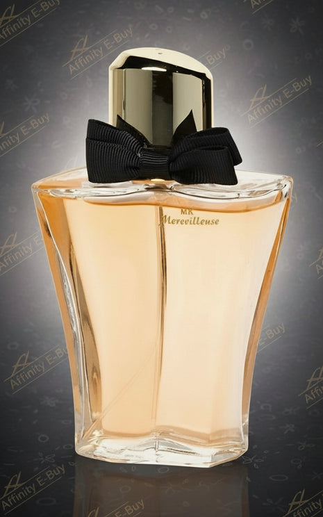 Perfume bottle with a black bow on a white background