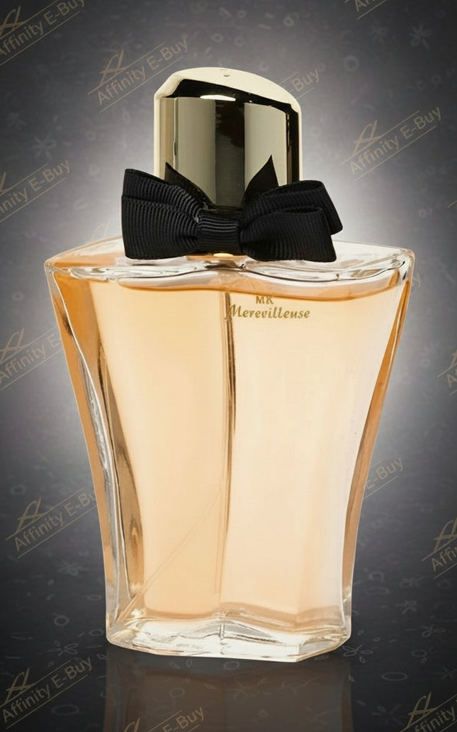 Perfume bottle with a black bow on a white background