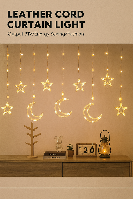 Decorative curtain light with stars and moons hanging above a wooden shelf.