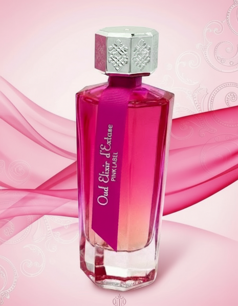 Pink perfume bottle with silver cap on a white background