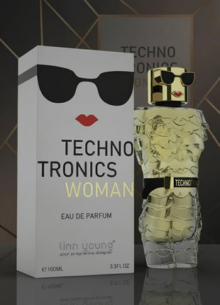Techno Tronics Woman perfume bottle and packaging with sunglasses and lips design on a dark background
