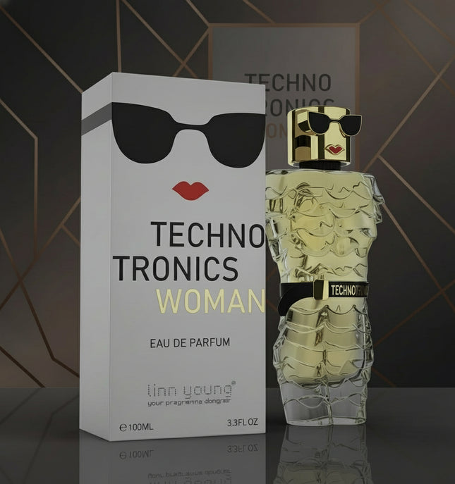 Techno Tronics Woman perfume bottle and packaging with sunglasses and lips design on a dark background
