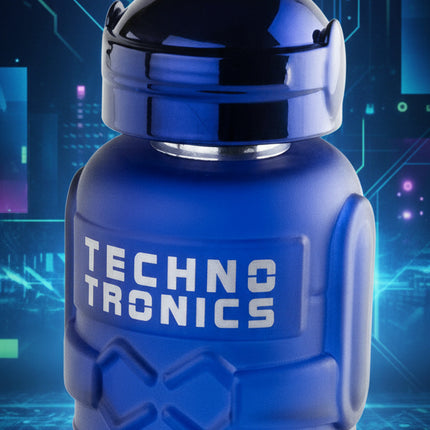 Blue robot-shaped container with 'Techno Tronics' branding on a digital background
