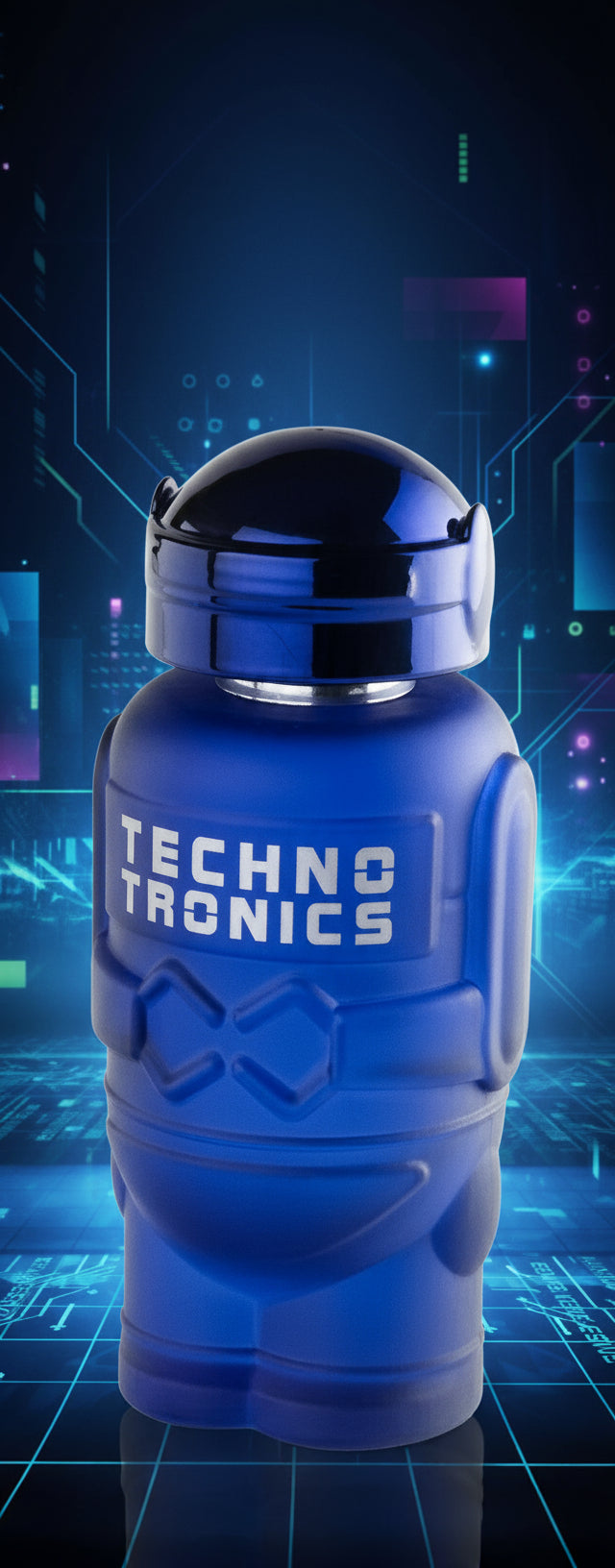 Blue robot-shaped container with 'Techno Tronics' branding on a digital background