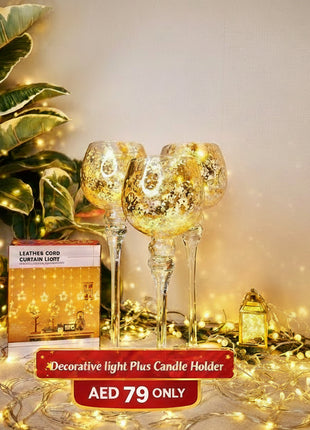 Decorative lights in wine glasses with a box labeled 'Decorative Lights!' and price 'AED 79 only'.