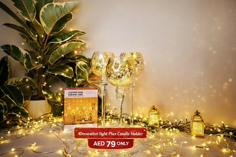Decorative lights in wine glasses with a box labeled 'Decorative Lights!' and price 'AED 79 only'.