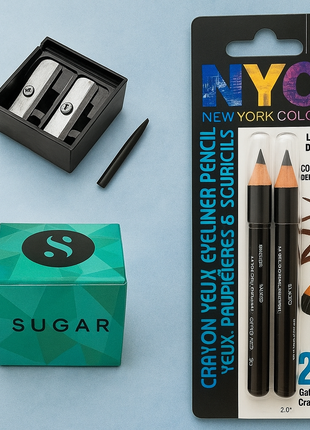 Makeup products including a pencil, sharpener, and NYC New York Color eyeliner pencils on a light blue background.