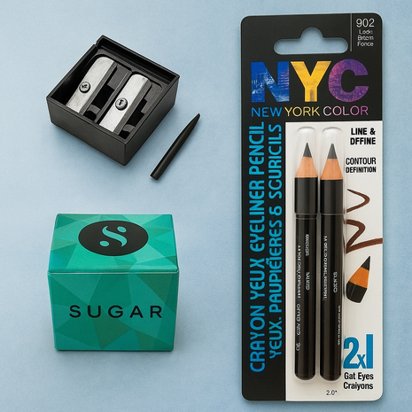 Makeup products including a pencil, sharpener, and NYC New York Color eyeliner pencils on a light blue background.