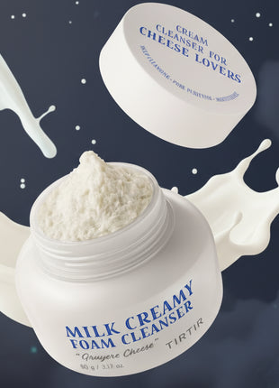Milk Creamy Foam Cleanser with open lid showing cream inside on a white background