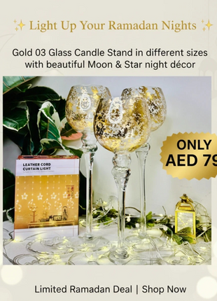 Gold glass candle stands with moon and star decor on a light background, promoting a Ramadan deal.