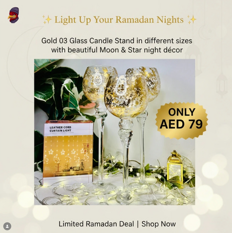 Gold glass candle stands with moon and star decor on a light background, promoting a Ramadan deal.